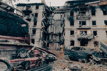 damaged and looted cars in a city in Ukraine during the war