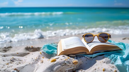 A serene beach scene with a book sunglasses and a blanket on a sunny day. Concept Beach Day Photo shoot, Book and Sunglasses, Sunny Beach Scene, Serene Coastal Vibes, Blanket and Relaxation