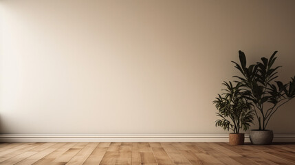 A large empty room with a white wall and a potted plant in the corner. The room has a minimalist feel and is open and airy