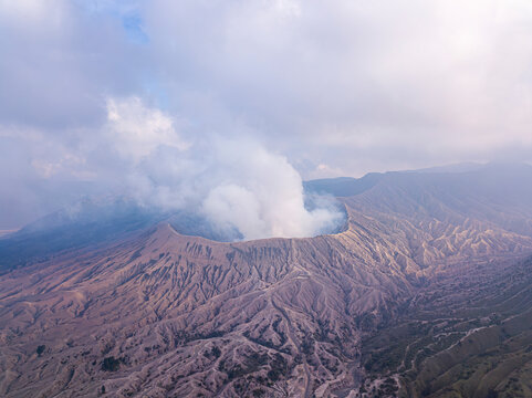 Aerial view of active volcano Bromo in Sukapura, Jawa Timur, Indonesia.