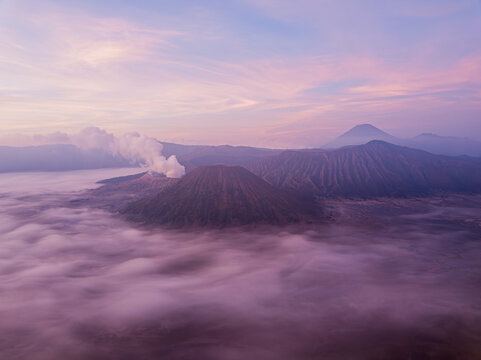 Aerial view of active volcano Bromo in Sukapura, Jawa Timur, Indonesia.
