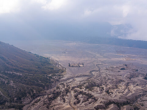 Aerial view of vulcanic dessert near active vulcano Bromo, Sukapura, Jawa Timur, Indonesia.