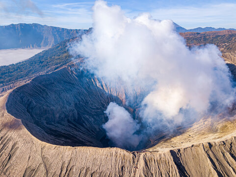 Aerial view of active volcano ridge Bromo in Sukapura, Jawa Timur, Indonesia.