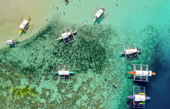 Aerial view of Bangka Boats, CYC Beach, Coron, Palawan, Philippines.
