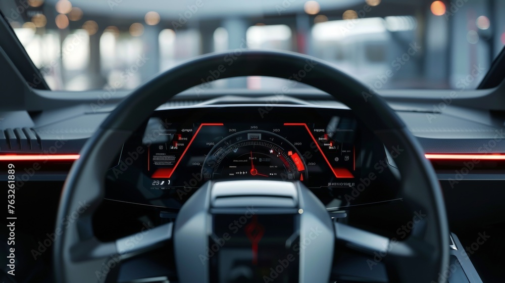 Canvas Prints an empty cockpit of a vehicle with a head up display and a digital speedometer. autonomous vehicle. 