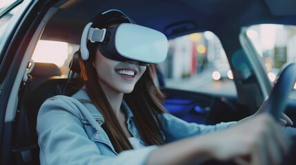 Smiling young woman driving car with VR headset. Smart Cars, Digital Innovation, Tech Experimentation, VR Simulation, Autonomous Vehicles, Advanced Driving, Virtual Reality Testing, Futuristic - obrazy, fototapety, plakaty