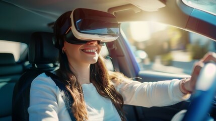 A smiling young woman is driving a car with a VR headset. Autonomous vehicles, advanced driving, VR testing, future transport, smart cars, digital innovation, tech exploration, virtual reality