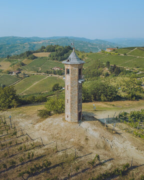 Aerial view of Asti, Canelli with Torre dei Contini in the beautiful countryside of Piedmont, Italy.