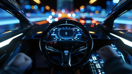 Cockpit of self-driving car with a digital speedometer and a Head Up Display (HUD). - obrazy, fototapety, plakaty