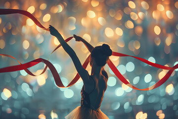 Elegant Dancer with Red Ribbon Gracefully Performing under Glimmering Lights Banner - Powered by Adobe