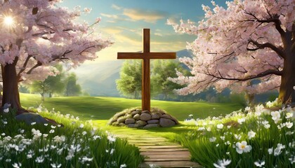 Wooden Cross in Peaceful Garden with Cherry Trees - obrazy, fototapety, plakaty