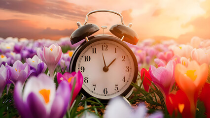 Classic alarm clock over spring flowers background.
