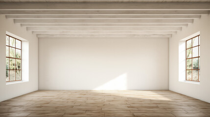 A large, empty room with wooden floors and white walls. The room is large and open, with two windows on either side. The room is empty and has a minimalist feel to it