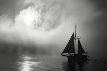 Majestic Sailing Vessel Glides Through Misty Waters: A Mystic Banner - obrazy, fototapety, plakaty