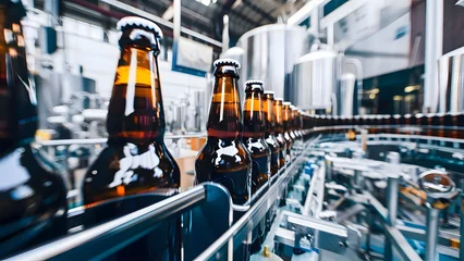 Fototapeten Glass bottles of beer move on production line. © Alex Bur