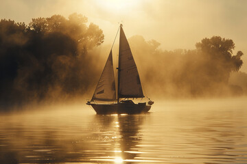 Serene Sailboat Journey Through Misty Golden Sunrise Banner - obrazy, fototapety, plakaty