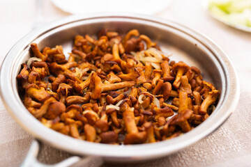 Delicious fried chanterelle mushrooms in a frying pan