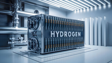 Detail of hydrogen fuel cells - alternative and clean source of energy. New technology concept. - obrazy, fototapety, plakaty