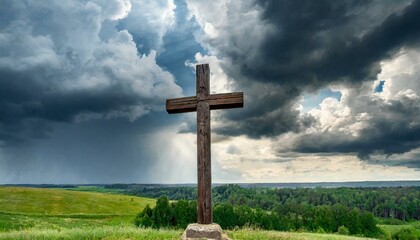 Wooden Cross Against Dramatic Sky with Thunderclouds - obrazy, fototapety, plakaty