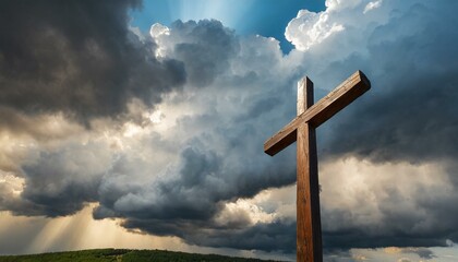 Wooden Cross Against Dramatic Sky with Thunderclouds
