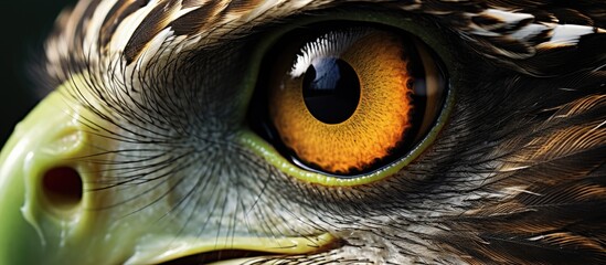 Closeup of a birds eye belonging to the Galliformes order, known for their green beaks. The iris, feather, and beak of this terrestrial animal show remarkable adaptation for hunting and survival