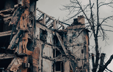 destroyed and burned houses in the city during the war in Ukraine