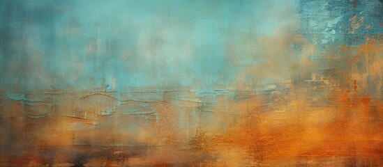 An abstract painting featuring tints and shades of electric blue and peach set against a brown wood frame. The blurred image shows a horizon, grass pattern, and hints of an event - obrazy, fototapety, plakaty