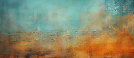 Fotobehang An abstract painting featuring tints and shades of electric blue and peach set against a brown wood frame. The blurred image shows a horizon, grass pattern, and hints of an event © 2rogan