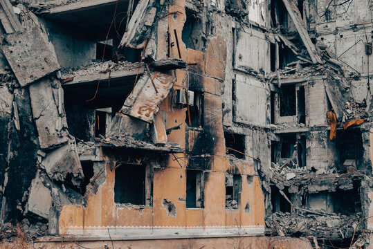 destroyed and burned houses in the city during the war in Ukraine