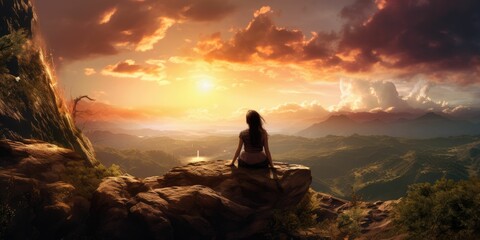 A woman sitting on the top of a mountain and looking at the sunset