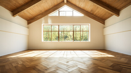 A large room with a window and wooden floors. The room is empty and has a lot of natural light coming in through the window