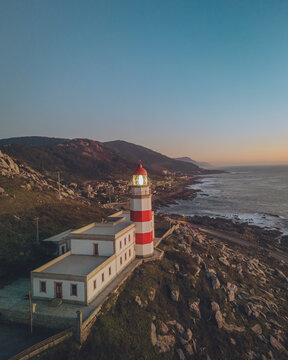 Aerial view of Faro de Cabo Silleiro and the stunning coastline of Rias Baixas, Galicia, Spain.
