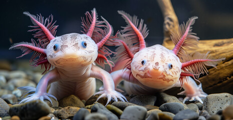 Two axolotl in an aquarium 