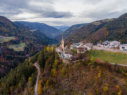 Aerial view of small town San Valentino in Campo, Bolzano, Italy.