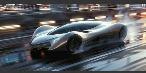 Fotobehang Futuristic Super Sports Car Speeding on Urban Highway Banner © Алинка Пад