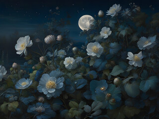 The beauty of flowers at moonlight night.