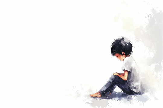 Children's cartoon drawings Sitting thinking about something, with white background There is space for entering text.
