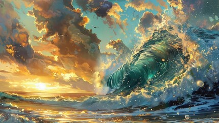 Big wave with sea foam and bright Turquoise  water - obrazy, fototapety, plakaty