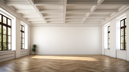 A large, empty room with a window and a potted plant. The room is very spacious and has a clean, minimalist feel