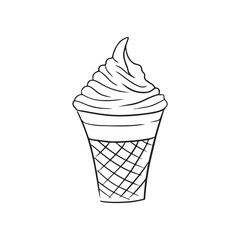 Tasty delicious sweet dessert in waffle cone with cream and meringue on top. Hand drawn vector sketch doodle illustration in vintage engraved line art style. Ice cream, coffee break, menu design.