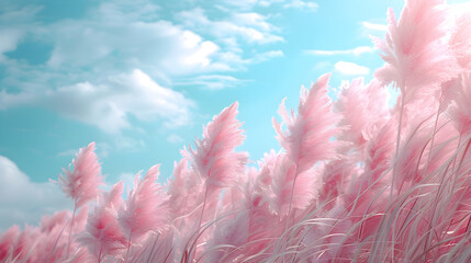Pink sky, light blue clouds, fluffy reed swaying in the wind, pastel tones. For posters, covers, travel, landscapes