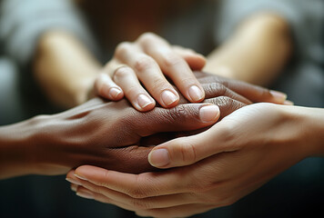 Hands of diverse people joint together. unity in diversity concept. - obrazy, fototapety, plakaty