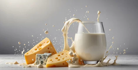 Zelfklevend Fotobehang illustration of milk splash combined with cheese, for food and beverage products © budi