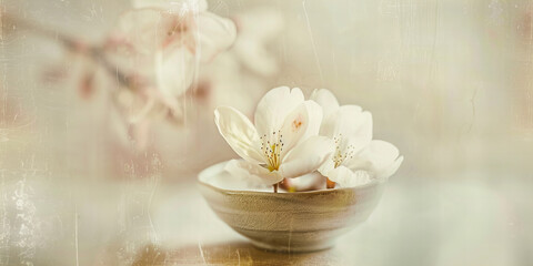 Fototapeta na wymiar Serene White Blossoms in a Bowl - Tranquil Floral Banner