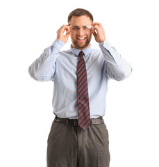 Funny businessman in safety goggles on white background