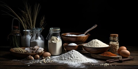 Fototapeta na wymiar Baking ingredients and kitchen utensils on dark background 