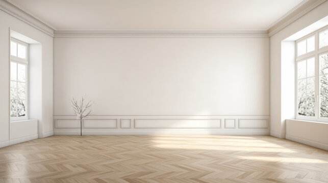 A large, empty room with a white wall and wooden floors. The room is large and open, with a window on one wall and a vase on the floor. The room has a clean, minimalist feel