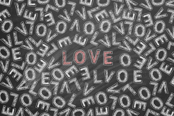 Valentines pattern with handwritten text. Background with text LOVE. Valentines Day. Wedding Ornament. Chalk drawn illustration