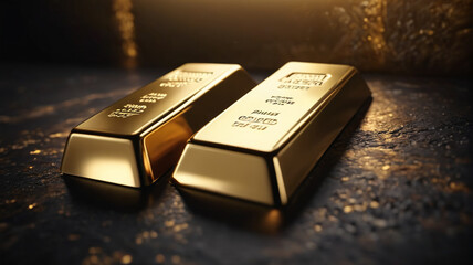 Three gold bars sitting on a table next to a light bulb and a wall light in the background, Generative AI.