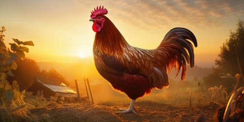 Beautiful rooster on a farm in the rays of the setting sun - obrazy, fototapety, plakaty